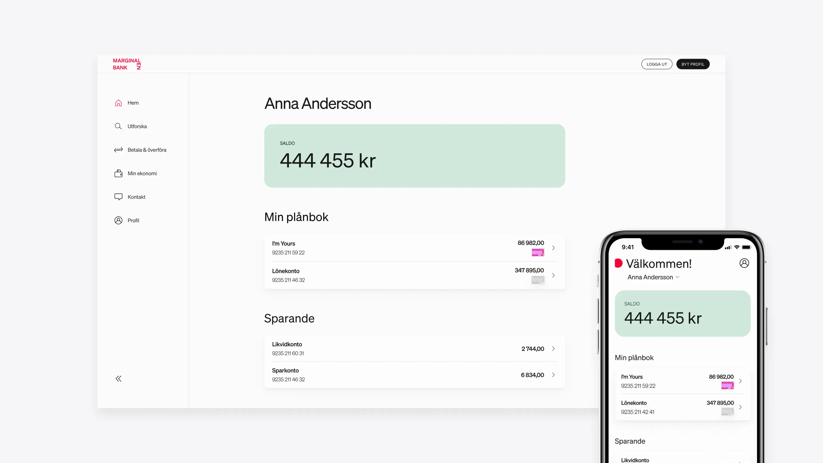 Desktop and mobile screens from Marginalen Bank